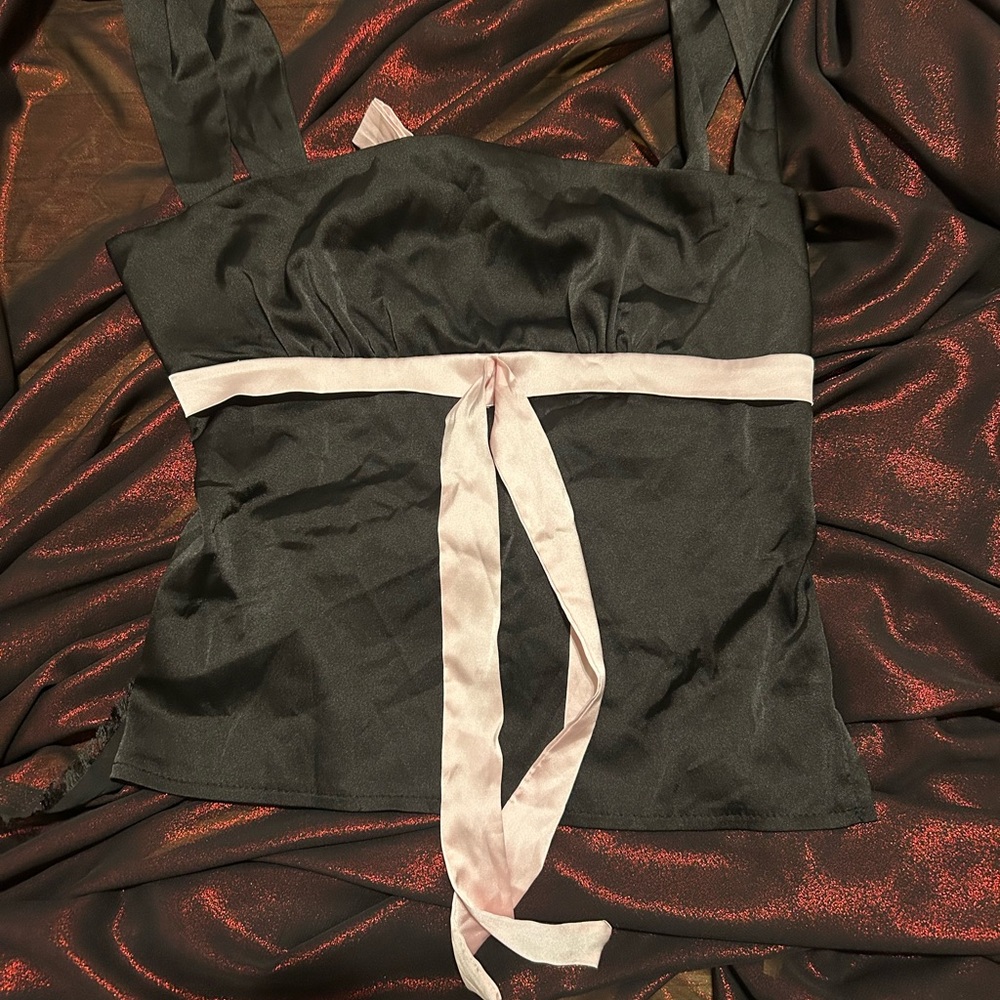 Backless Black Satin Top with Pink Ribbon